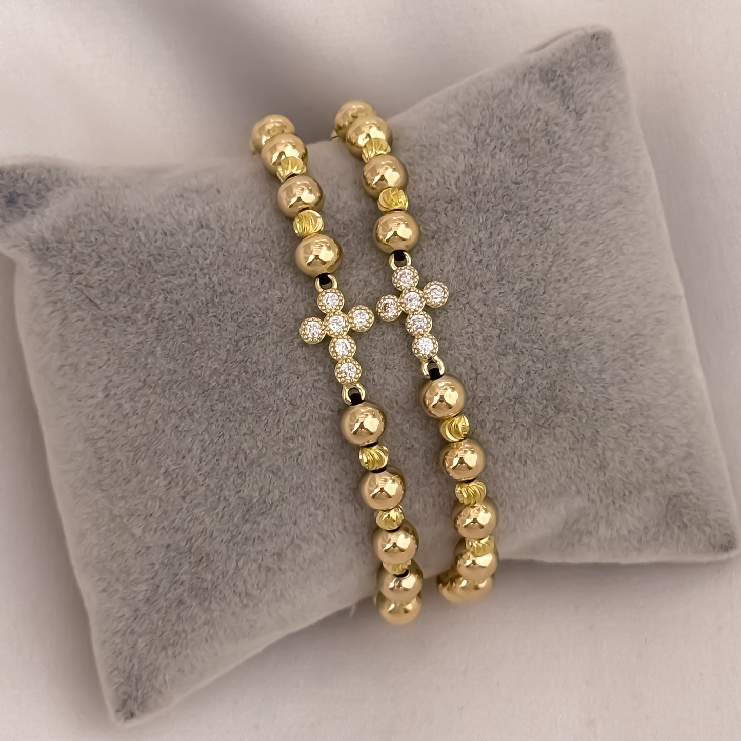 Pulseras para Parejas Balín Italiano 4mm + Liso de 6mm con Cruz Micro Circones Cristales en Oro Laminado 18k con Garantía de por vida