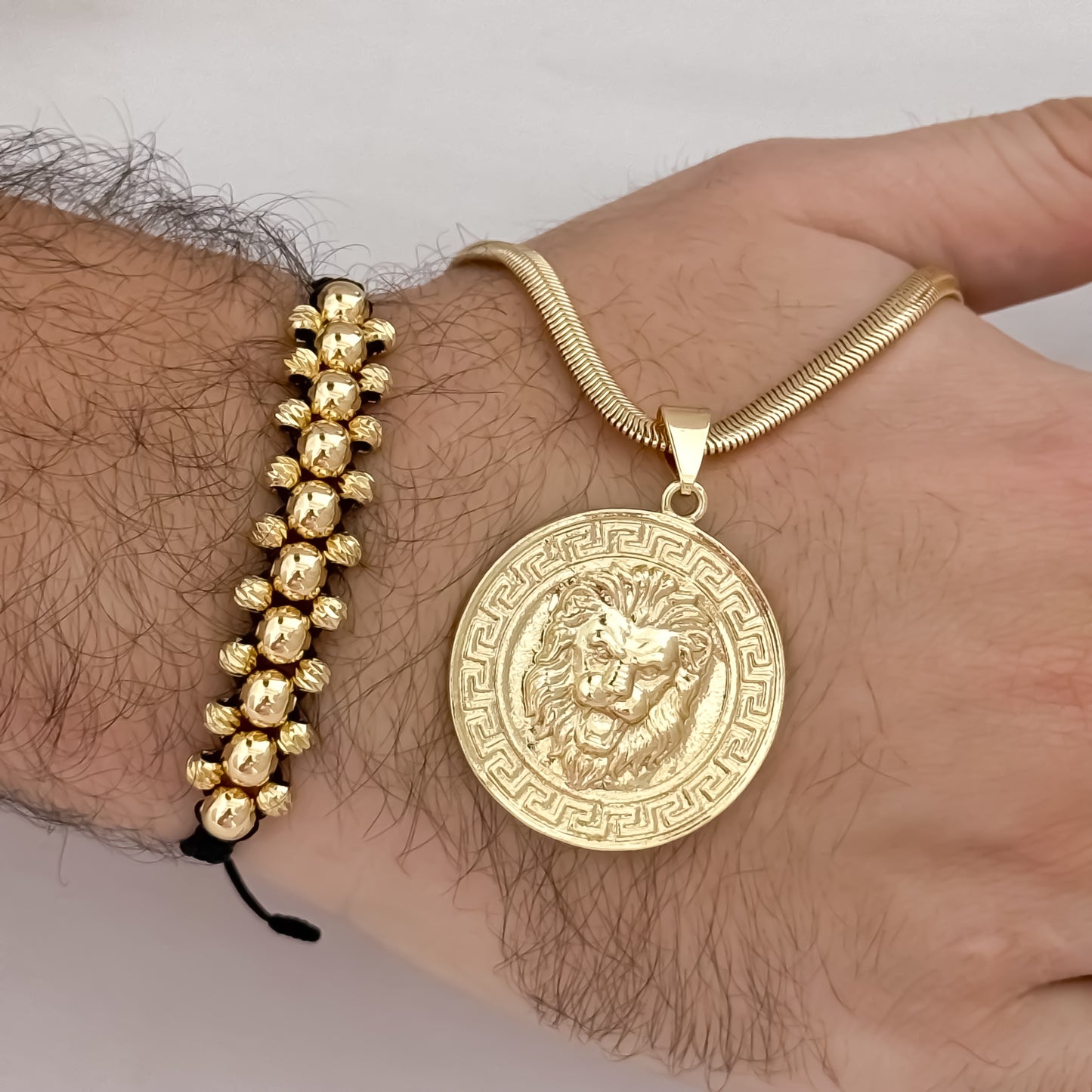 Cadena Tejido Serpiente gruesa de 60cm de 5mnm de grosor + Dije de Leon Tallado + Pulsera balin Liso y Italiano de 4mm y 6mm en Oro Laminado 18k con Garantia de ´por vida