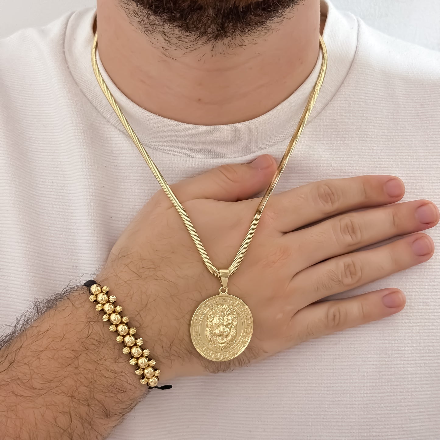 Cadena Tejido Serpiente gruesa de 60cm de 5mnm de grosor + Dije de Leon Tallado + Pulsera balin Liso y Italiano de 4mm y 6mm en Oro Laminado 18k con Garantia de ´por vida