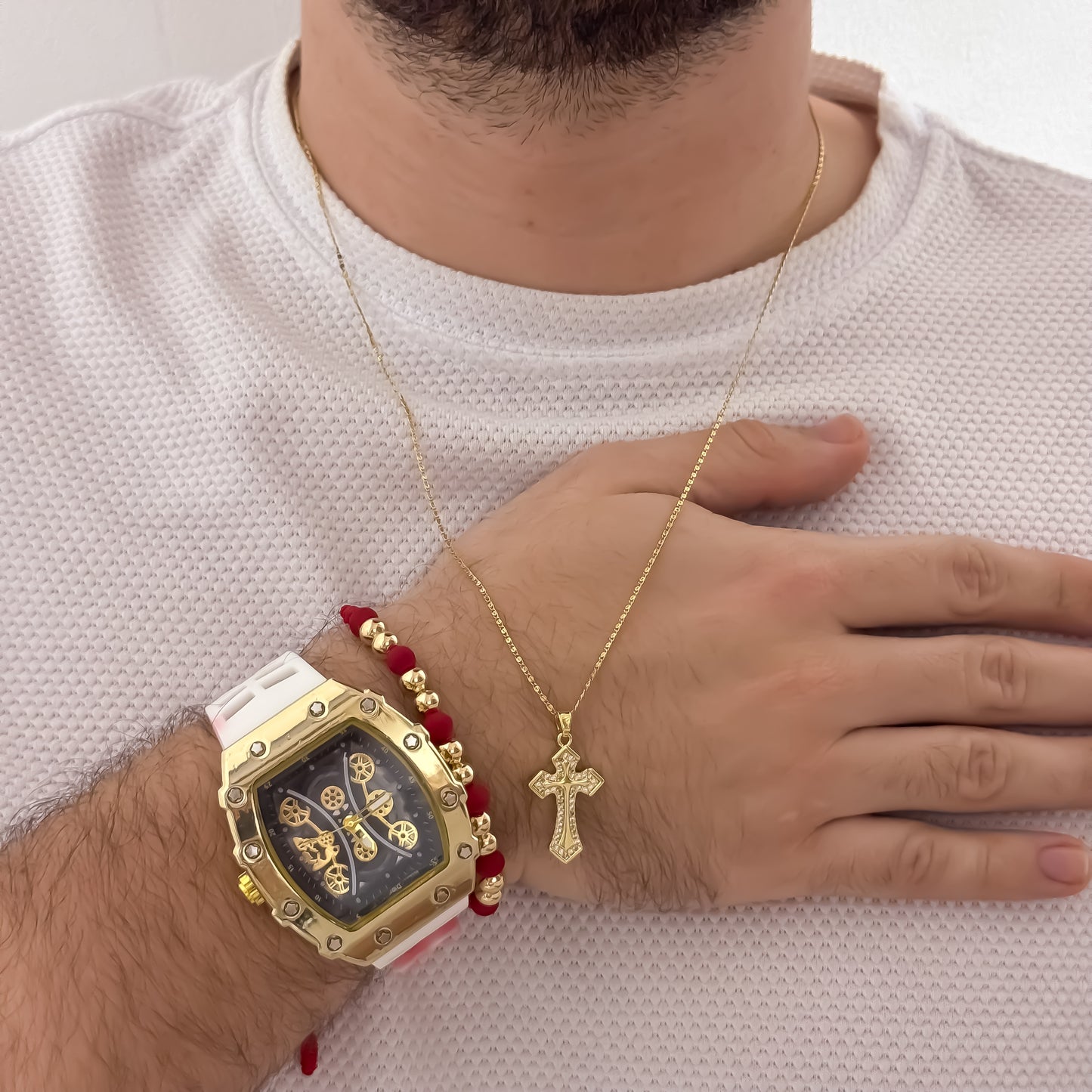 Cadena Caracol de Hombre de 60cm de 2mm + Cruz Micro Circones Cristales + Pulsera Balin Italiano de 4mm + Reloj Hombre Richard en Oro Laminado 18k con Garantia de por vida