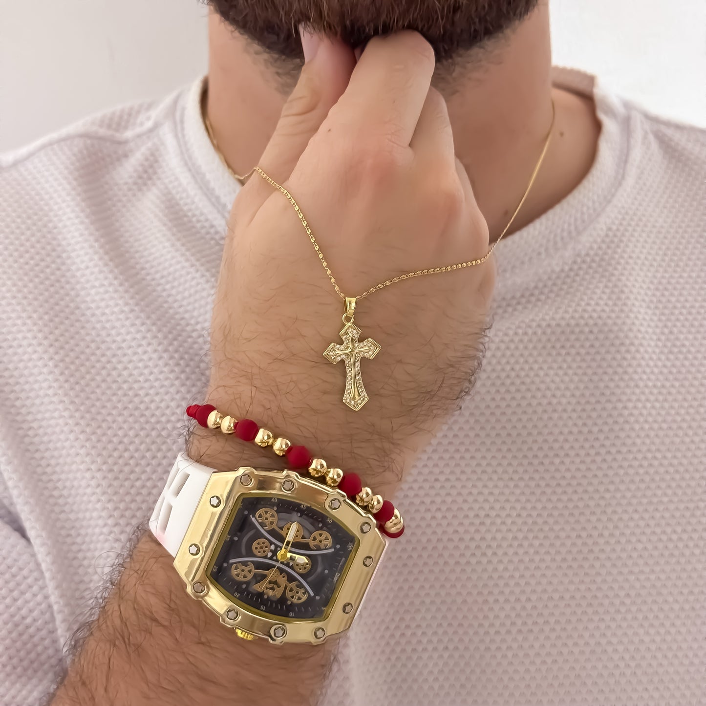 Cadena Caracol de Hombre de 60cm de 2mm + Cruz Micro Circones Cristales + Pulsera Balin Italiano de 4mm + Reloj Hombre Richard en Oro Laminado 18k con Garantia de por vida