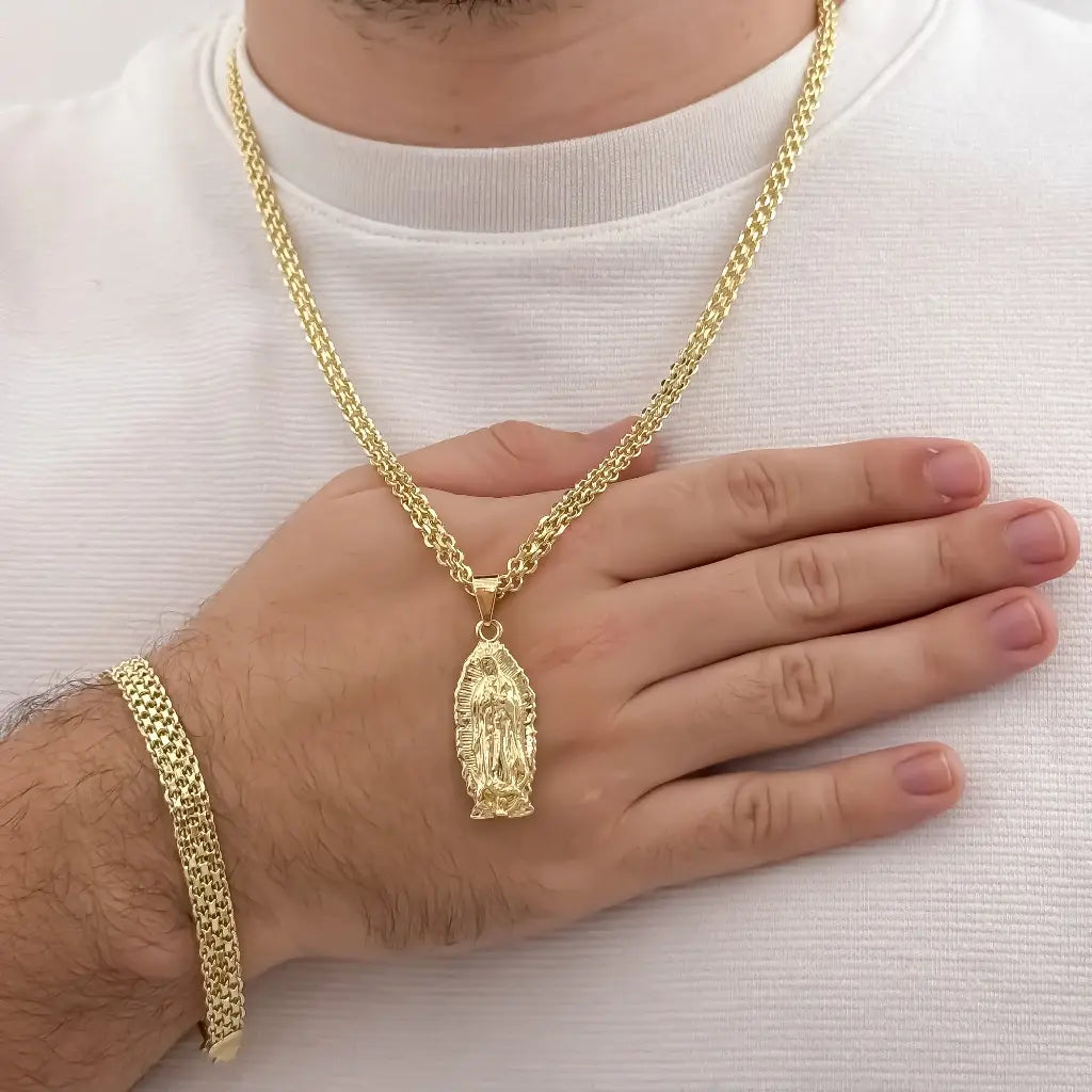Juego de Hombre Cadena Tejido Chino de 60cm de 5mm de Grosor + Virgen Guadalupe Proteccion + Pulsera Tejido Chino 20cm de 5mm de Grosor en Oro Laminado 18k con garantia de por vida