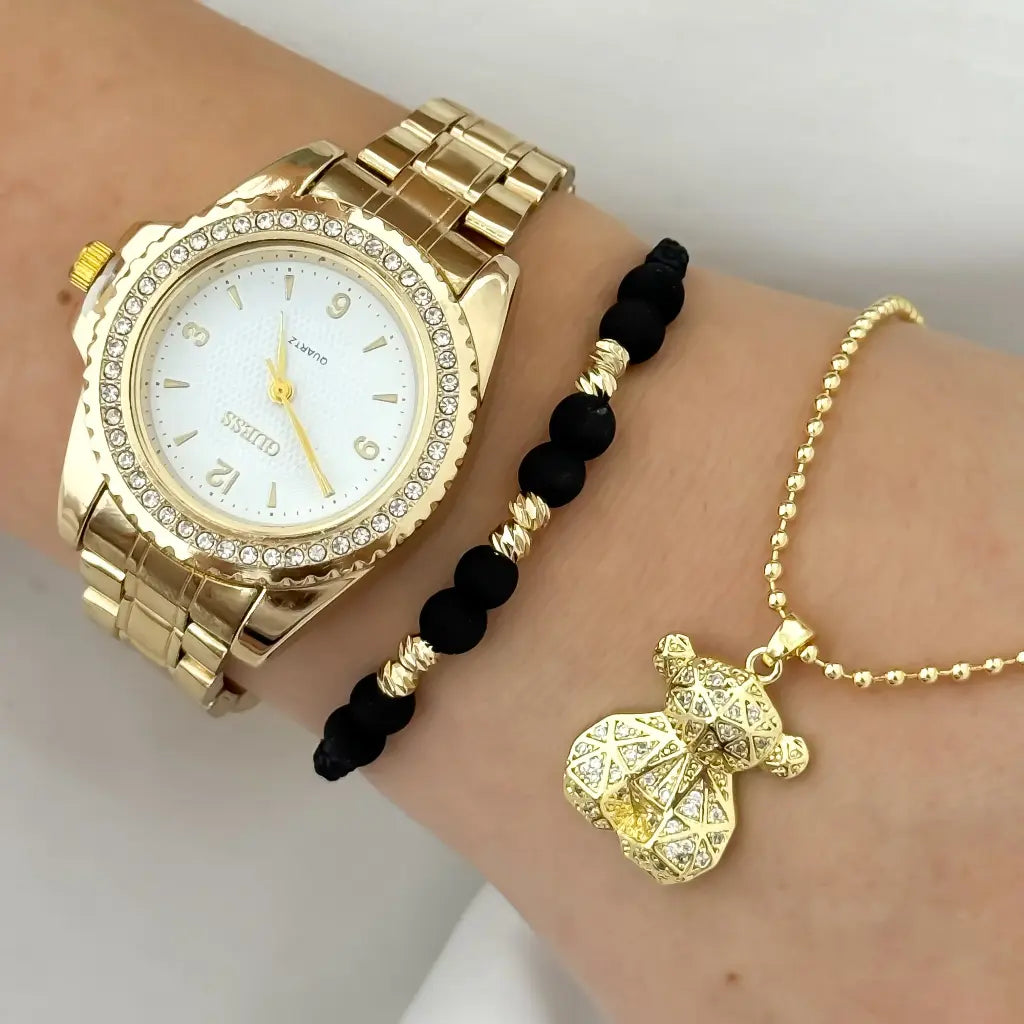 Conjunto para Dama Cadena Tejido Militar + Oso Circones + Pulseras Balin Italiano 4mm en Baño de Oro Laminado 18k + Reloj Guess con Circones con Garantia de por vida