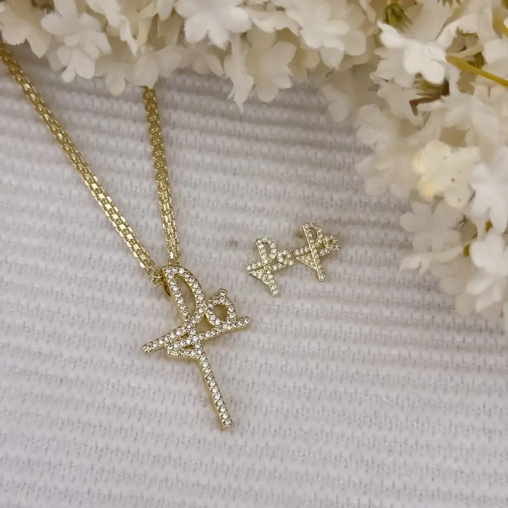 Cadena Tejido Chino de Dama de 45cm de 3mm de Grosor + Dije de Fe + Topos de Fe en Oro Laminado de 18k con Garantia de por vida