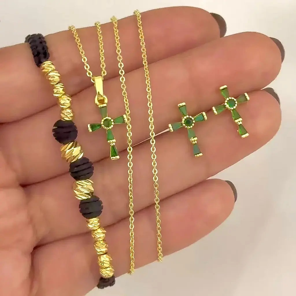Cadena Tejido Aros de 45cm de Dama + Cruz Verde Esmeralda + Topos Cruz Verde Esmeralda + Pulseras balin Italiano de 4mm en Oro Laminado 18k con Garantia de por vida
