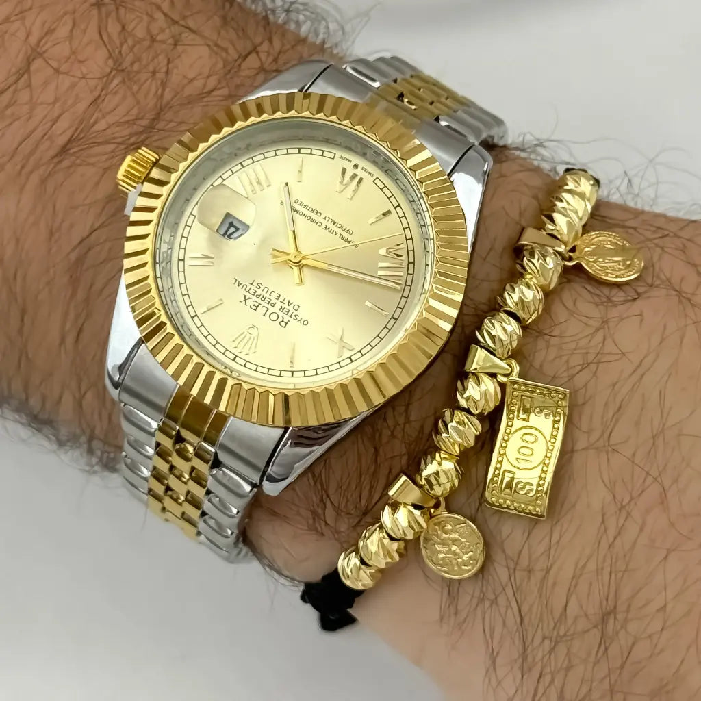 Pulsera Abundancia y Proteccion - Dolar en Oro Laminado 18k con Garantia de por vida + Reloj Rolex Replica 1.1 con Garantia de por vida
