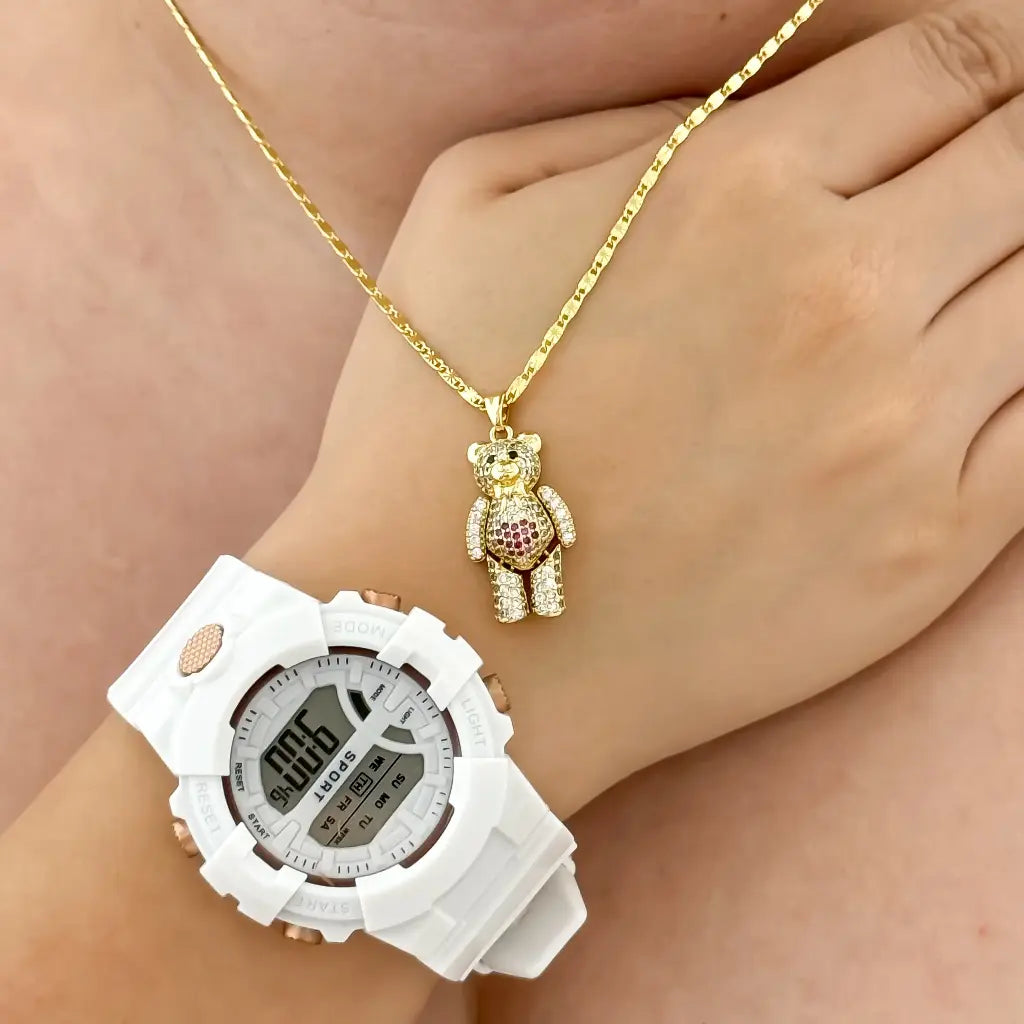 Cadena Escalera con Destello + Oso Articulado con Circones en Oro Laminado 18k + Reloj de Dama skype