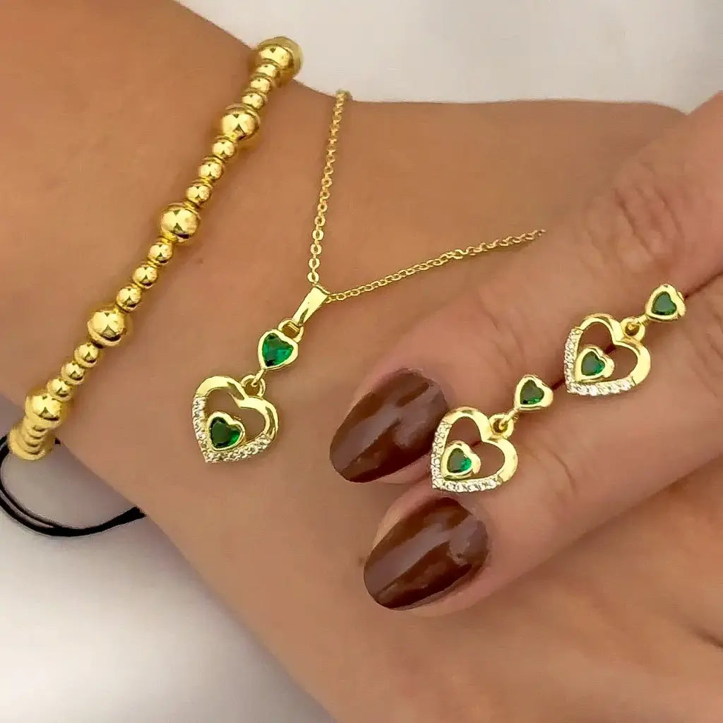 conjunto de Cadena Tejido Aros + Corazon Verde Esmeralda + Topos Corazon + Pulsera balin 4mm en oro Laminado 18k con Garantia de por vida