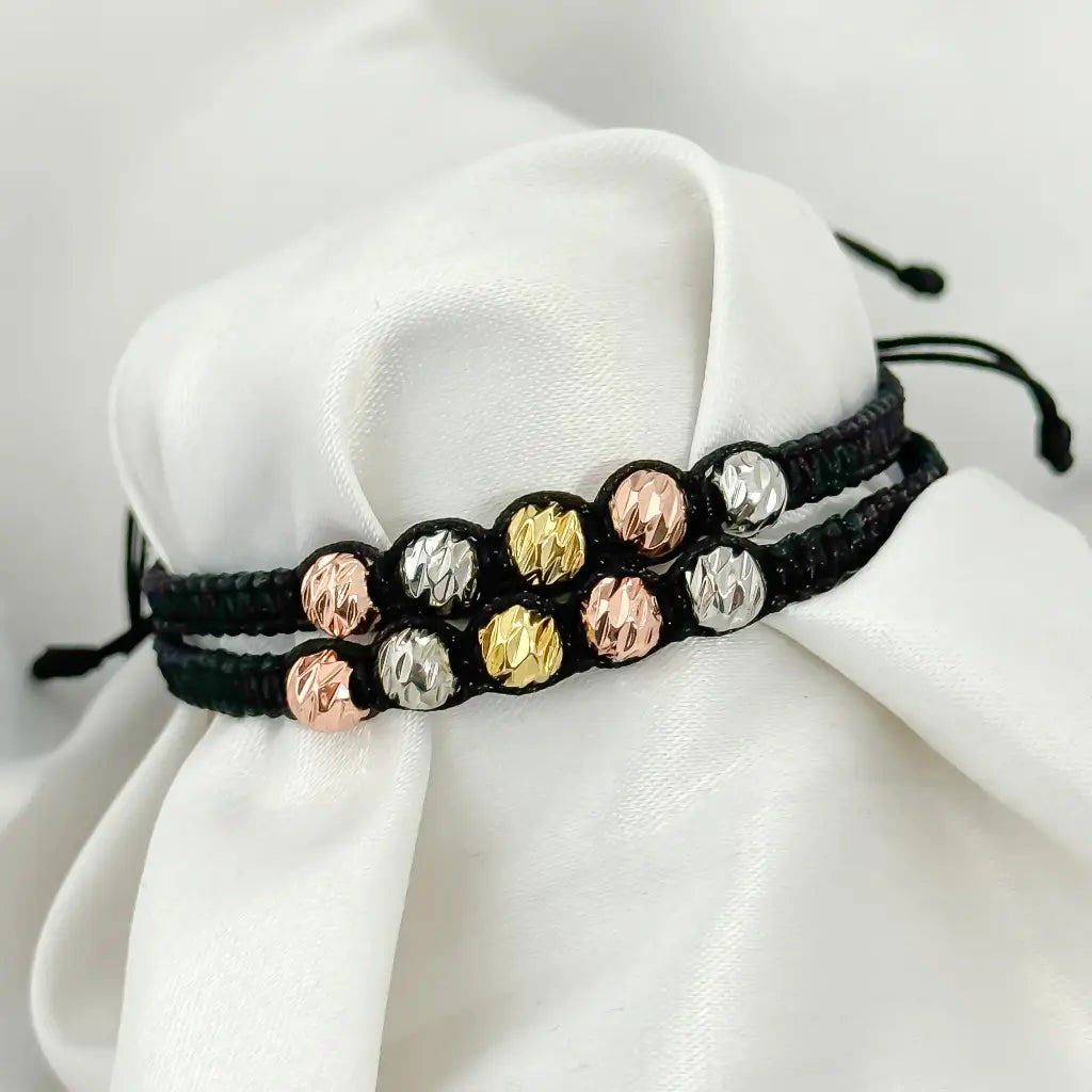 PAR DE PULSERAS BALIN 6MM DE 3 OROS ITALIANO EN BAÑO DE 14K CON GARANTIA DE POR VIDA