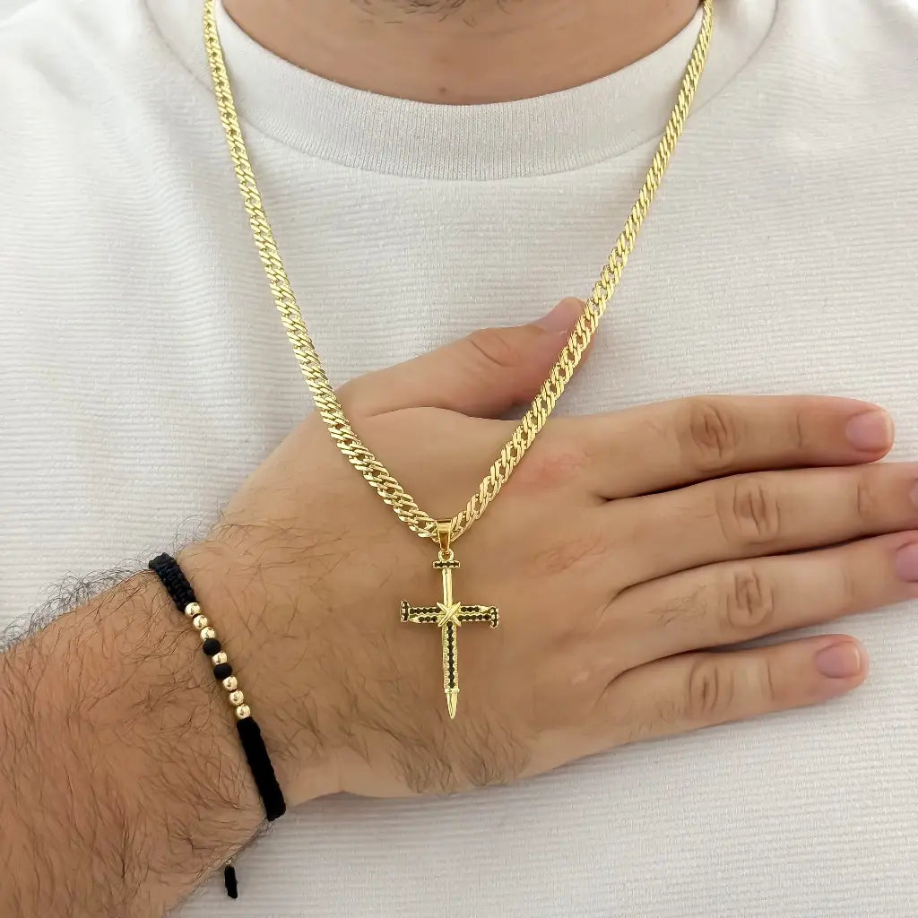 Cadena Tejido Cubana Continua + Cristo Clavo Piedra Negra + Pulsera Balin 4mm en Oro Laminado 18k con Garantia de por vida