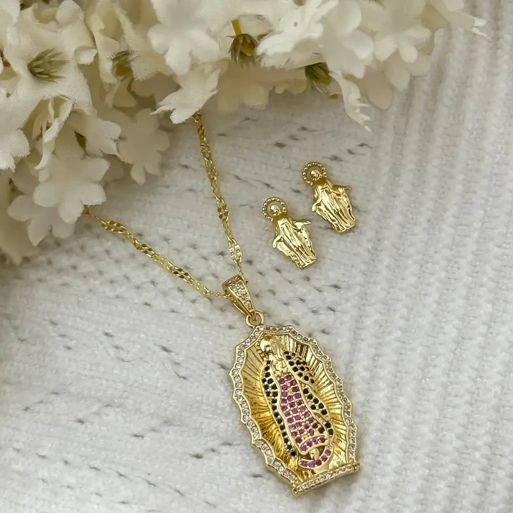 Juego para Dama Cadena virgen guadalupe Con circones + Topos en Oro laminado 18k