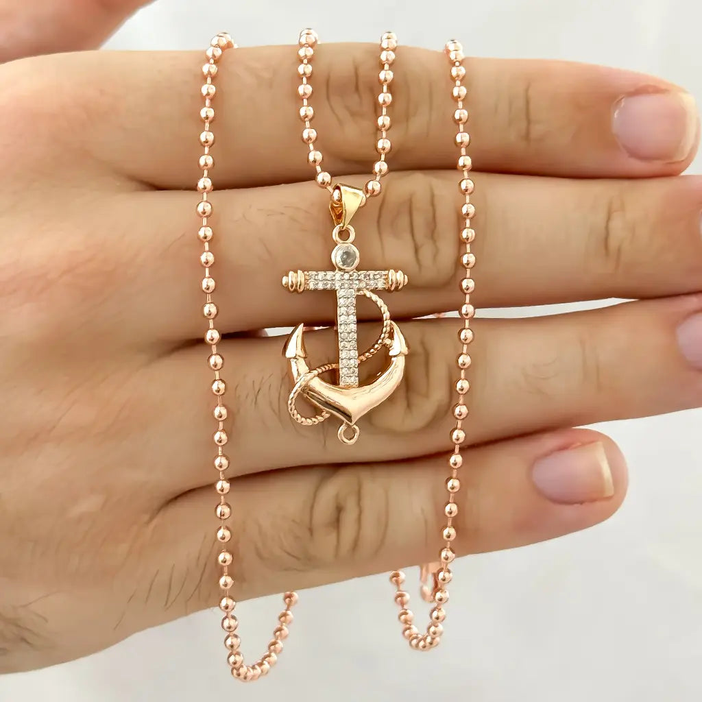 Cadena de Tejido Militar en Oro Rosado 60cm -3mm + Dije de Ancla en Oro Laminado de 18K con Garantia de por vida