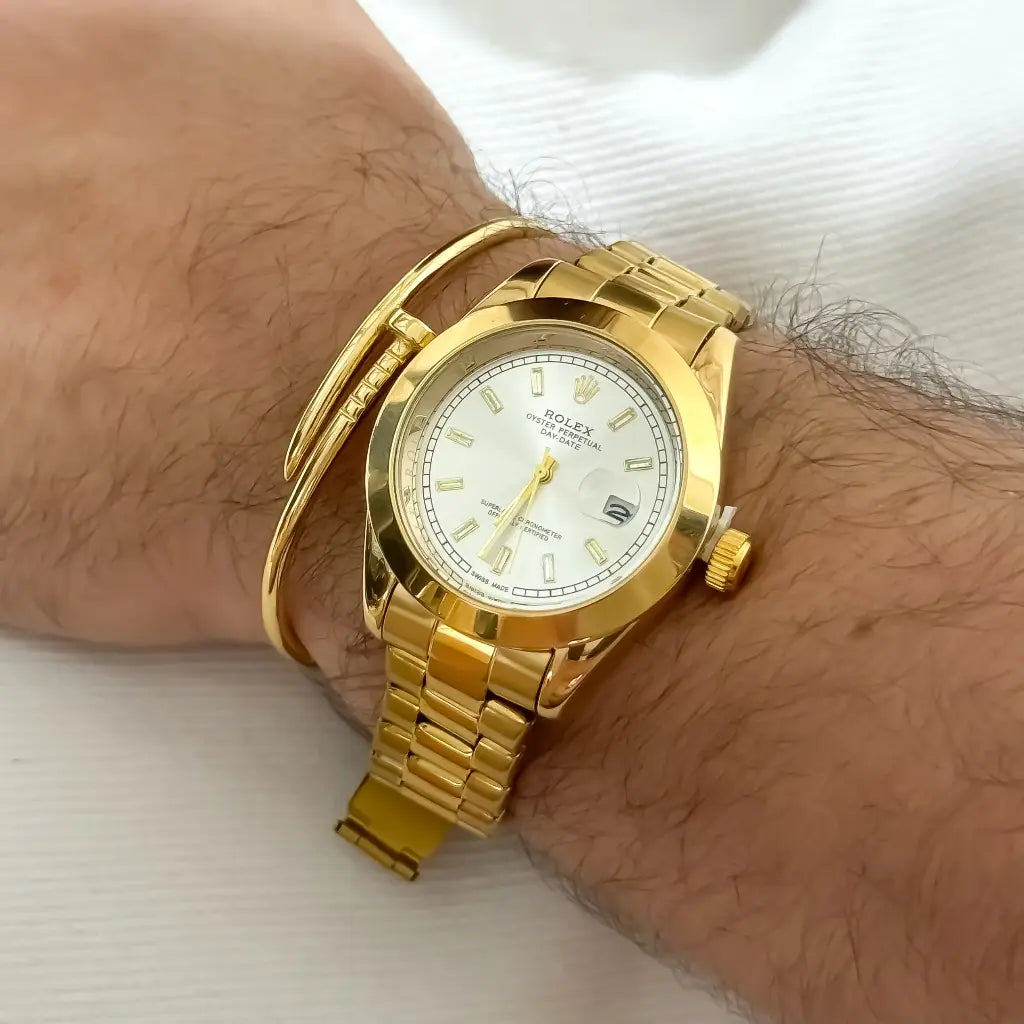 Pulsera Clavo en Oro Laminado 18k + Reloj Rolex Oro Amarillo con Garantia de por vida