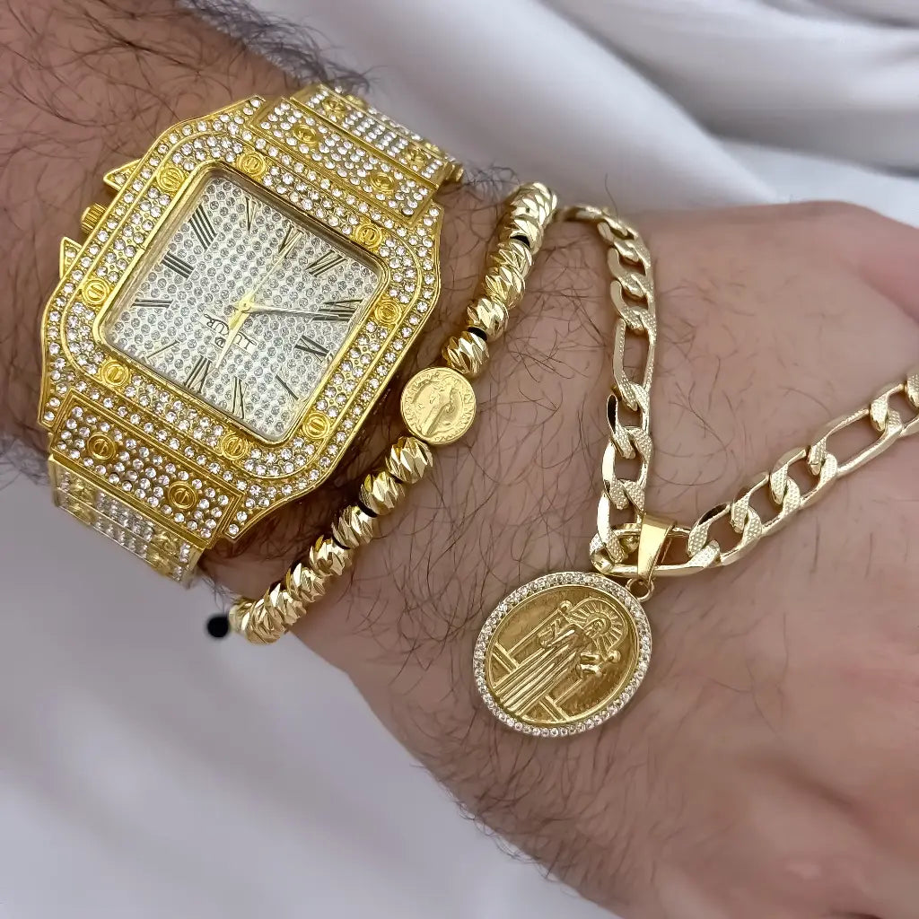 Conjunto de cadena Tejido Catier de Hombre Gruesa de 60cm de 5mm de Grosor + Dije de San Benito Proteccion + pulsera Balin italiano de 5mm San Benito + Reloj de Alta gama Tipo Catier en oro laminado 18k con garantia de por vida