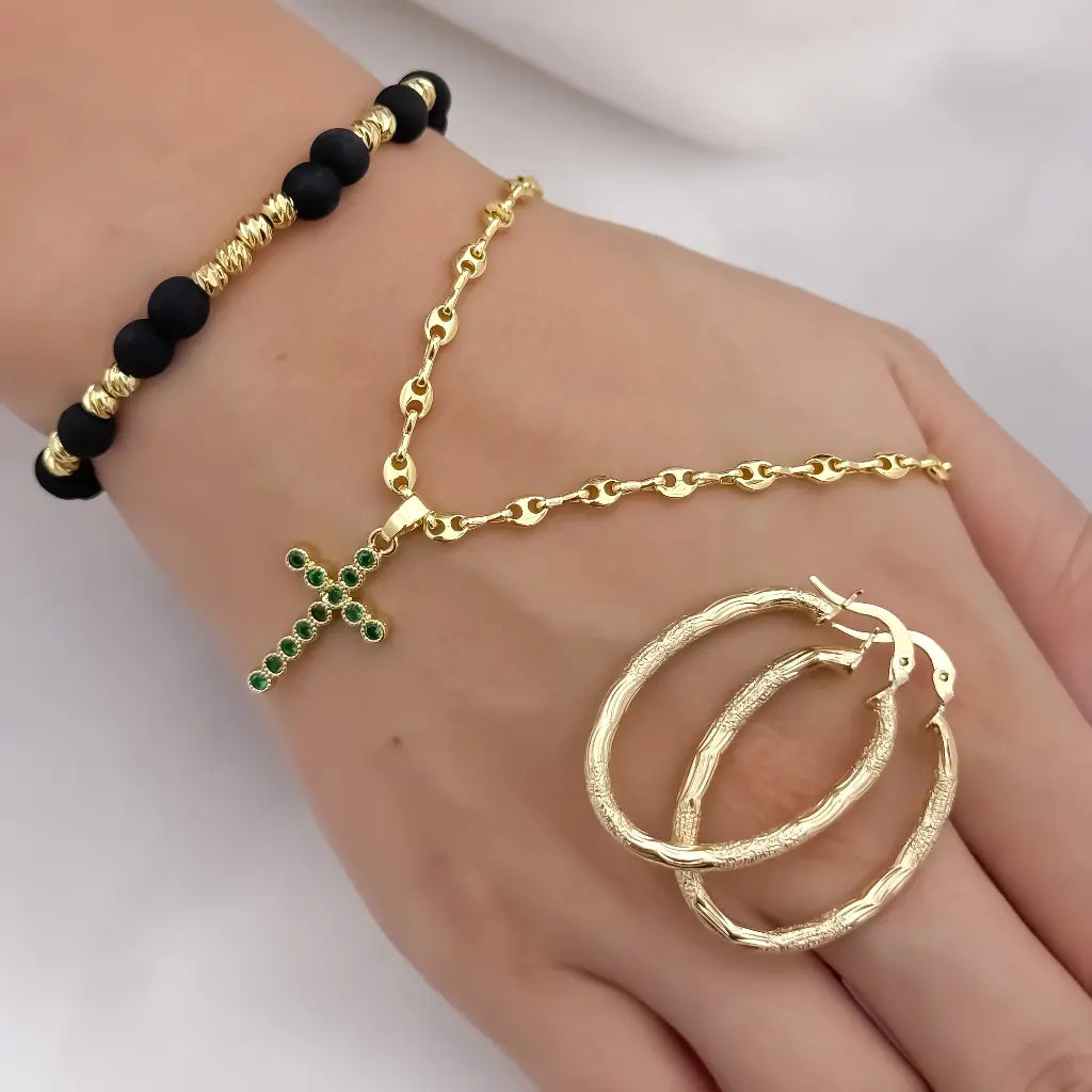 Cadena Tejido Gucci para Dama de 45cm de 3mm de Grosor + Cruz verde Esmeralda + Candongas Melcochas + Pulsera Balin Italiano de 4mm en Oro Laminado 18k con Garantia de por vida