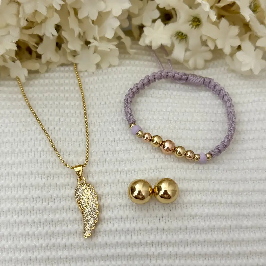 Juego de Dama Cadena Tejido Veneciano + Dije de ALA + Topo Balin en 8mm + Manilla de 3 oros en Oro Laminado 18k