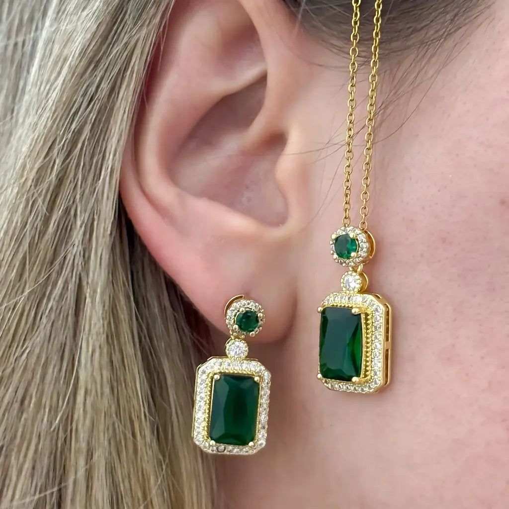Juego Verde Esmeralda Cadena + Dije Verde + Topo Verde en Oro Laminado 18k con Garantia
