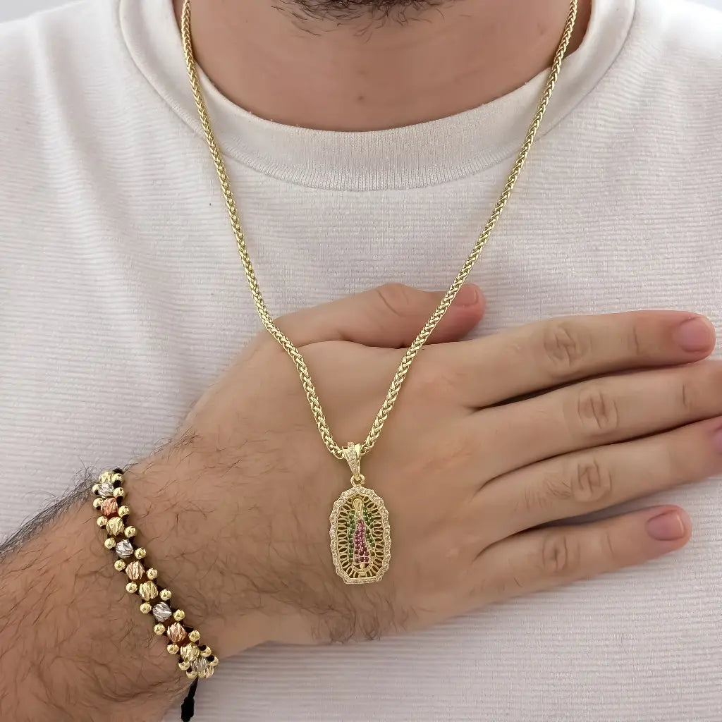 Cadena Lazo de 6ocm de 3mm de Grosor + Dije de Virgen de Guadalupe Proteccion + Pulsera de 3 Carriles en Oro Laminado 18k con Garantia de por vida