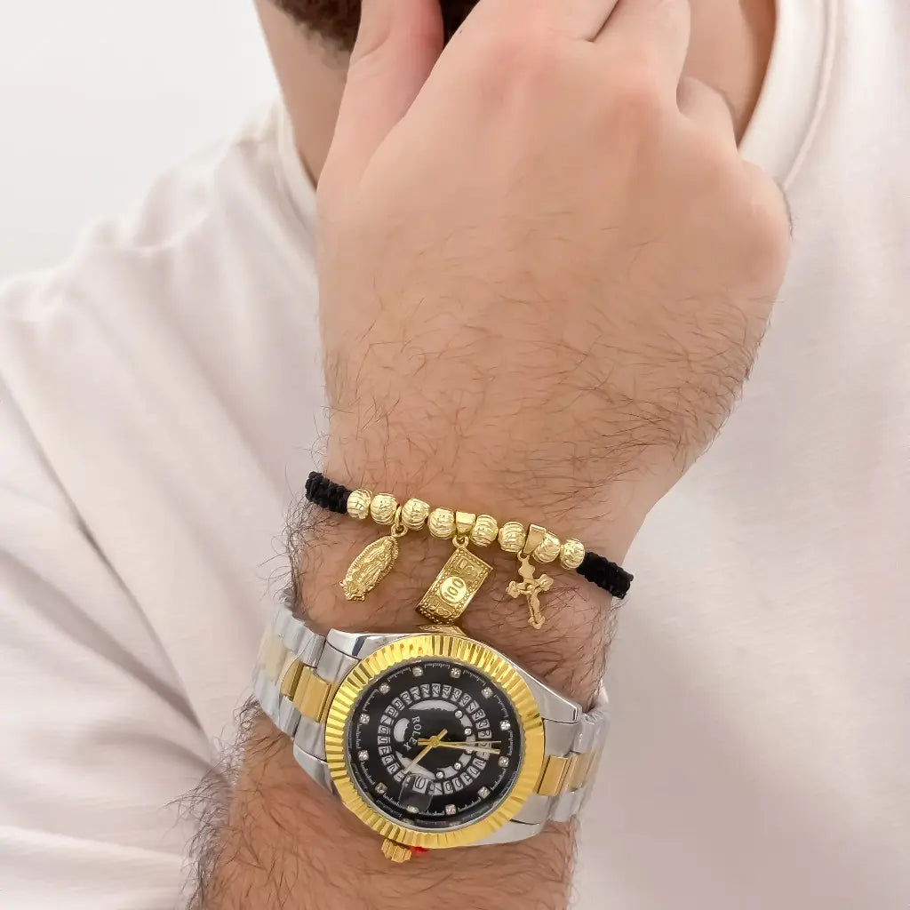 Pulsera de Abundancia y Protección Balin Italiano de 6mm de Virgen Guadalupe + Billete de Dolar + Cruz Trebol en Oro Laminado 18k con Garantia de por vida + Reloj Rolex de Hombre con Garantia