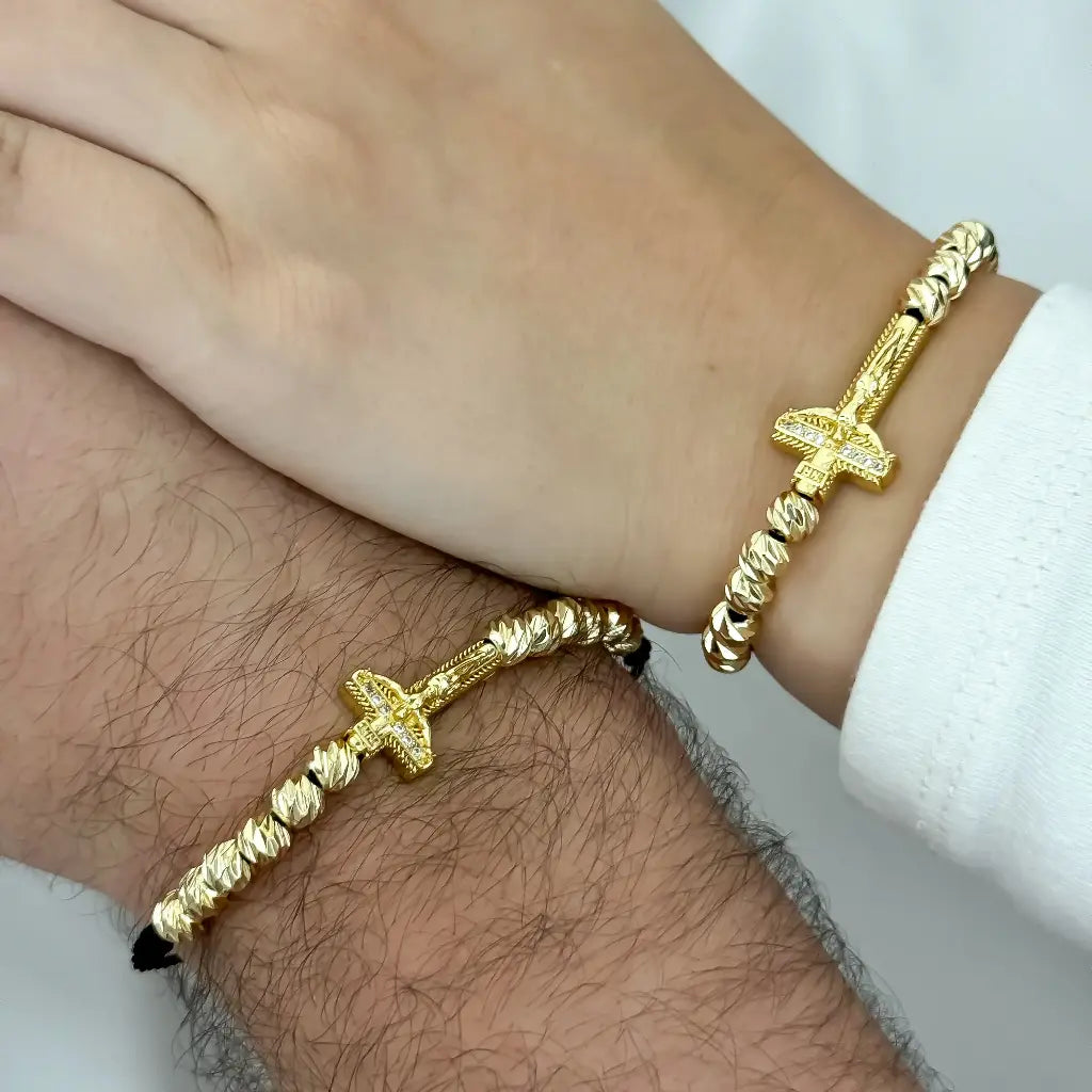 2 Pulseras Para Parejas Balin 6mm italiano mas Dije Cruz protección en Oro de 10k con Garantia