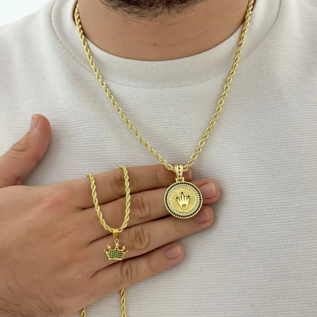 Conjunto de Cadenas Lazo para parejas Hombre 60cm + Dama de 45cm + Dije de Corona Rolex de Rey y Reina en Oro Laminado 18k con Garantia de por vida