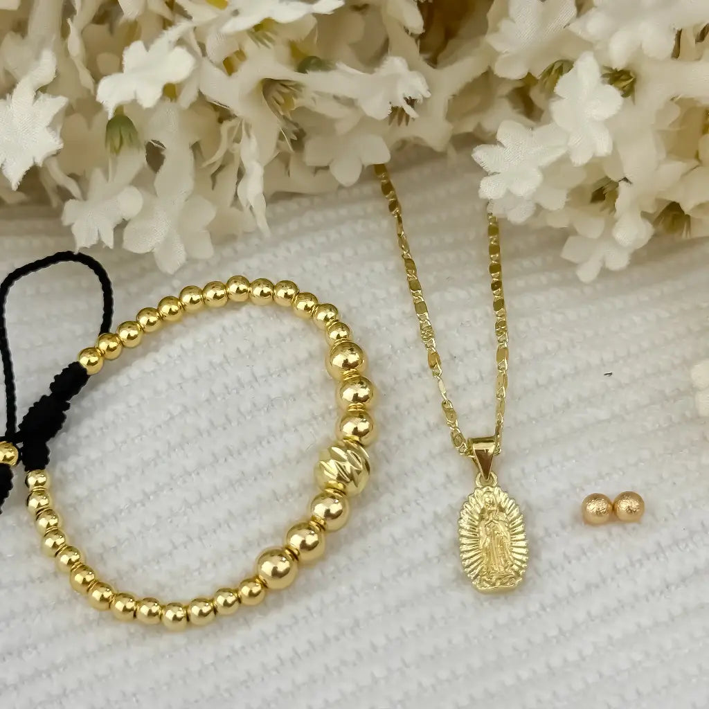 Conjunto Cadena Tejido Escalera Plana + Virgen Guadalupe + Topos Balin Diamantado + Pulseras Balin 4mm en Oro laminado 18k con Garantia de por vida