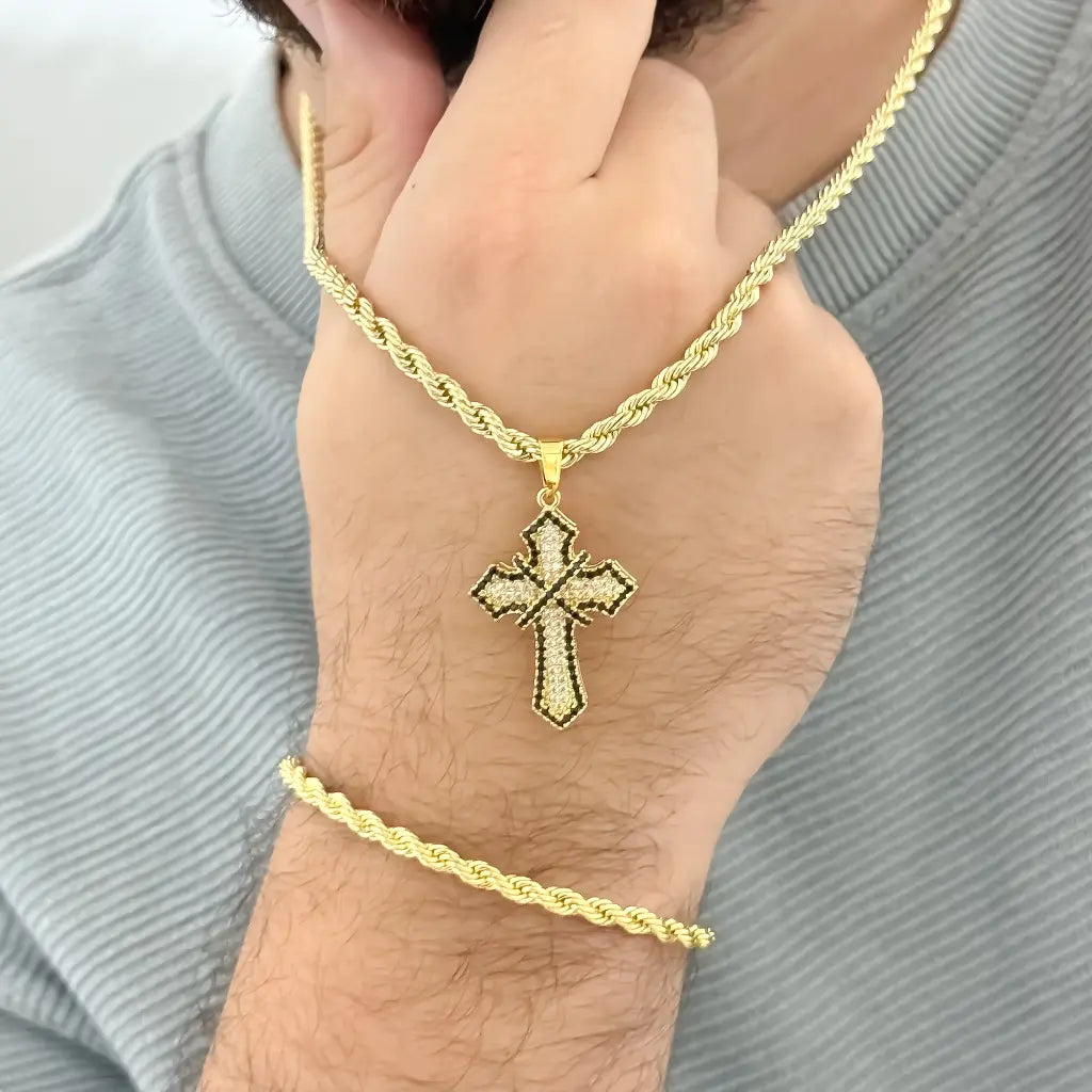 Conjunto Lazo de Cadena de Hombre Gruesa de 60cm + Cruz Micro Circones Negro + Pulsera de 20cm gruesa en Oro Laminado 18k con Garantia de por vida
