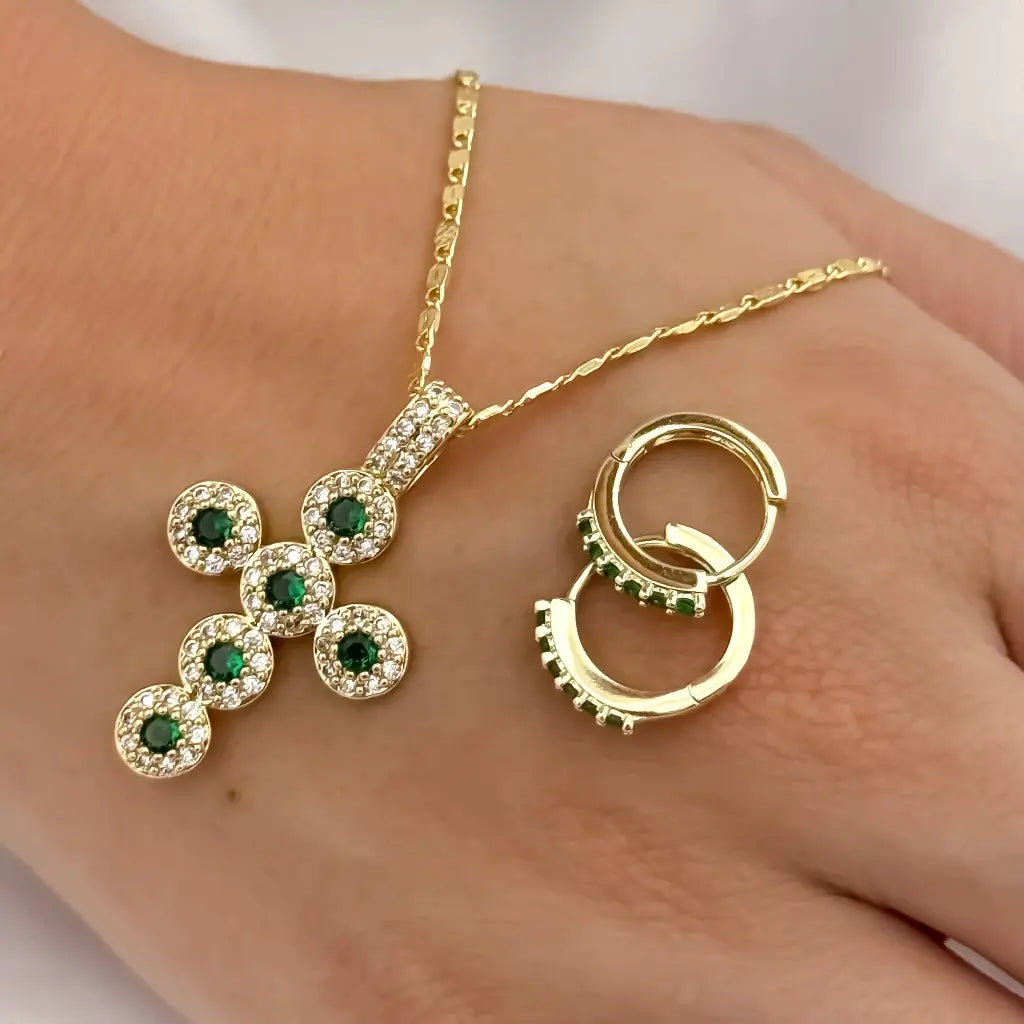 Cadena Tejido Escalera plana de 45cm + Cruz verde Esmeralda + Candongas Verde ESMERALDA en Oro Laminado 18k con garantia de por vida