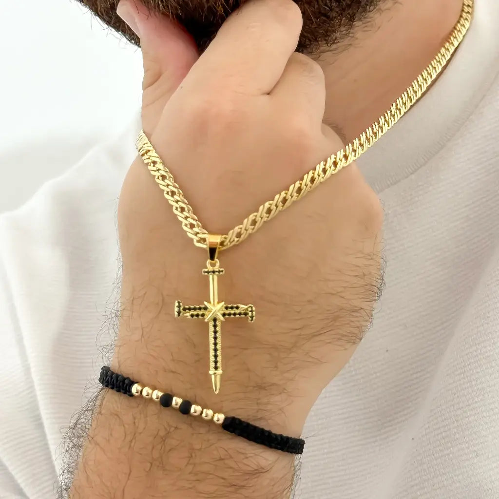 Cadena Tejido Cubana Continua + Cristo Clavo Piedra Negra + Pulsera Balin 4mm en Oro Laminado 18k con Garantia de por vida