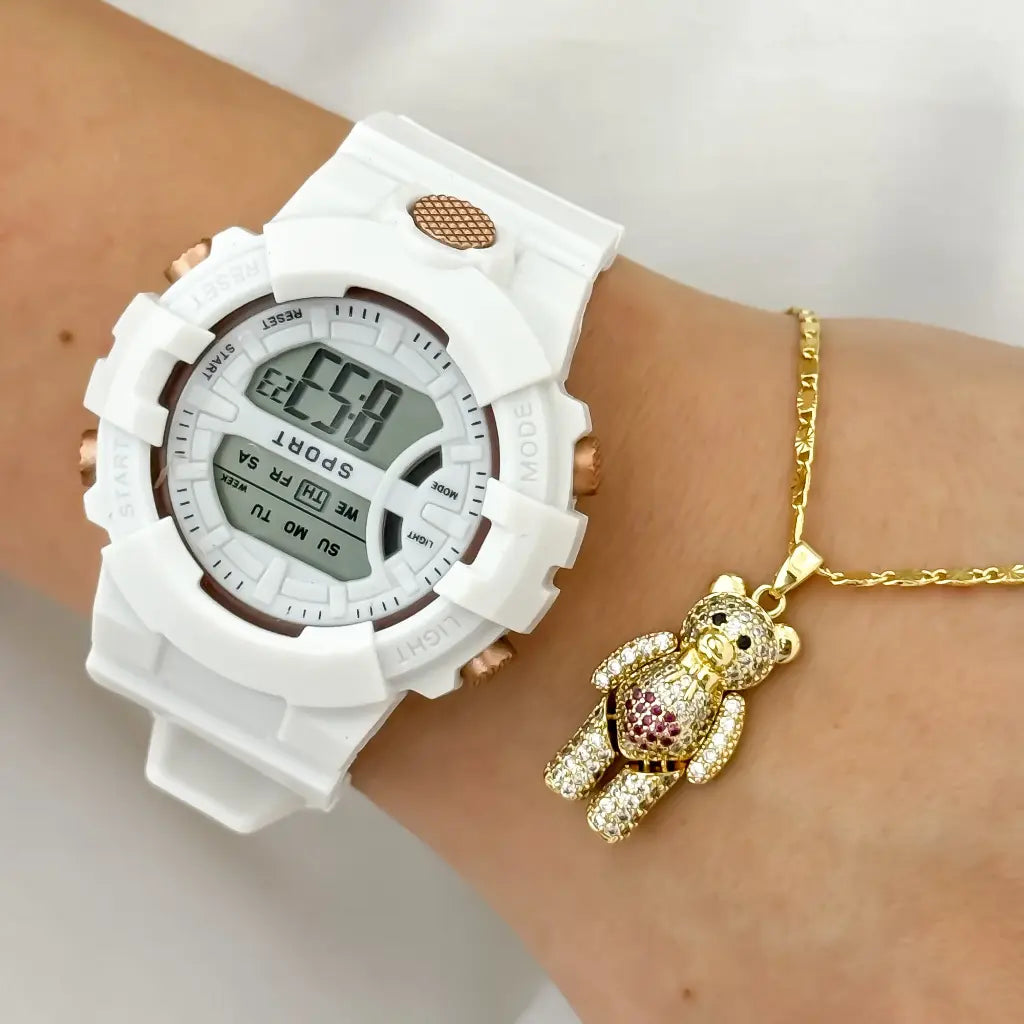 Cadena Escalera con Destello + Oso Articulado con Circones en Oro Laminado 18k + Reloj de Dama skype