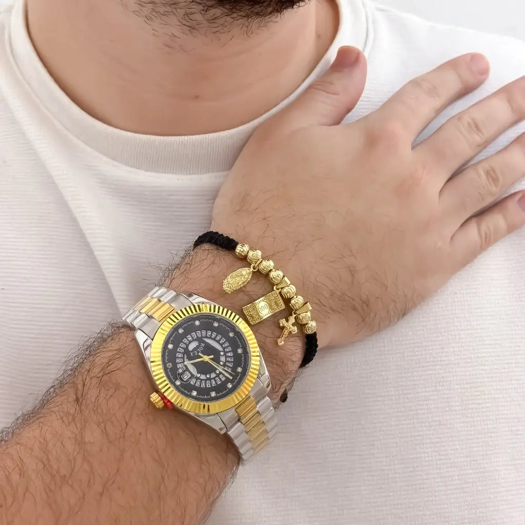 Pulsera de Abundancia y Protección Balin Italiano de 6mm de Virgen Guadalupe + Billete de Dolar + Cruz Trebol en Oro Laminado 18k con Garantia de por vida + Reloj Rolex de Hombre con Garantia
