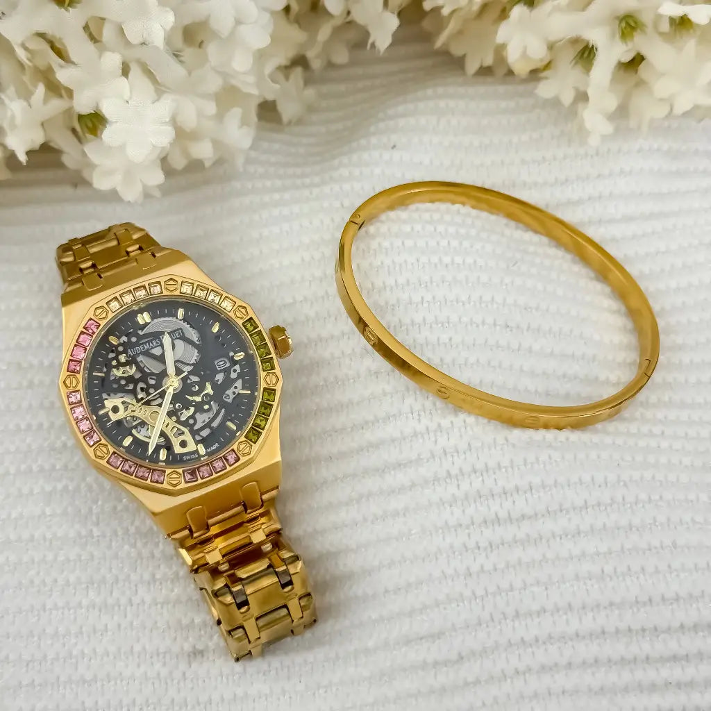 Juego de Reloj audemars piguet en Oro amarillo + Aro Tejido Catier en Oro Laminado 18k con Garantia de por vida