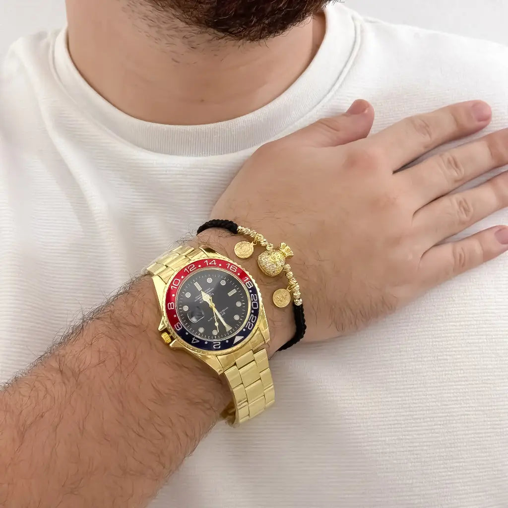 Manilla Abundancia Y Proteccion de San Miguel y San Benito Balin italiano de 4mm con bolsa de dinero en Oro Laminado 18k con Garantia de por vida + Reloj de Alta Gama en oro laminado 18k con garantia de por vida