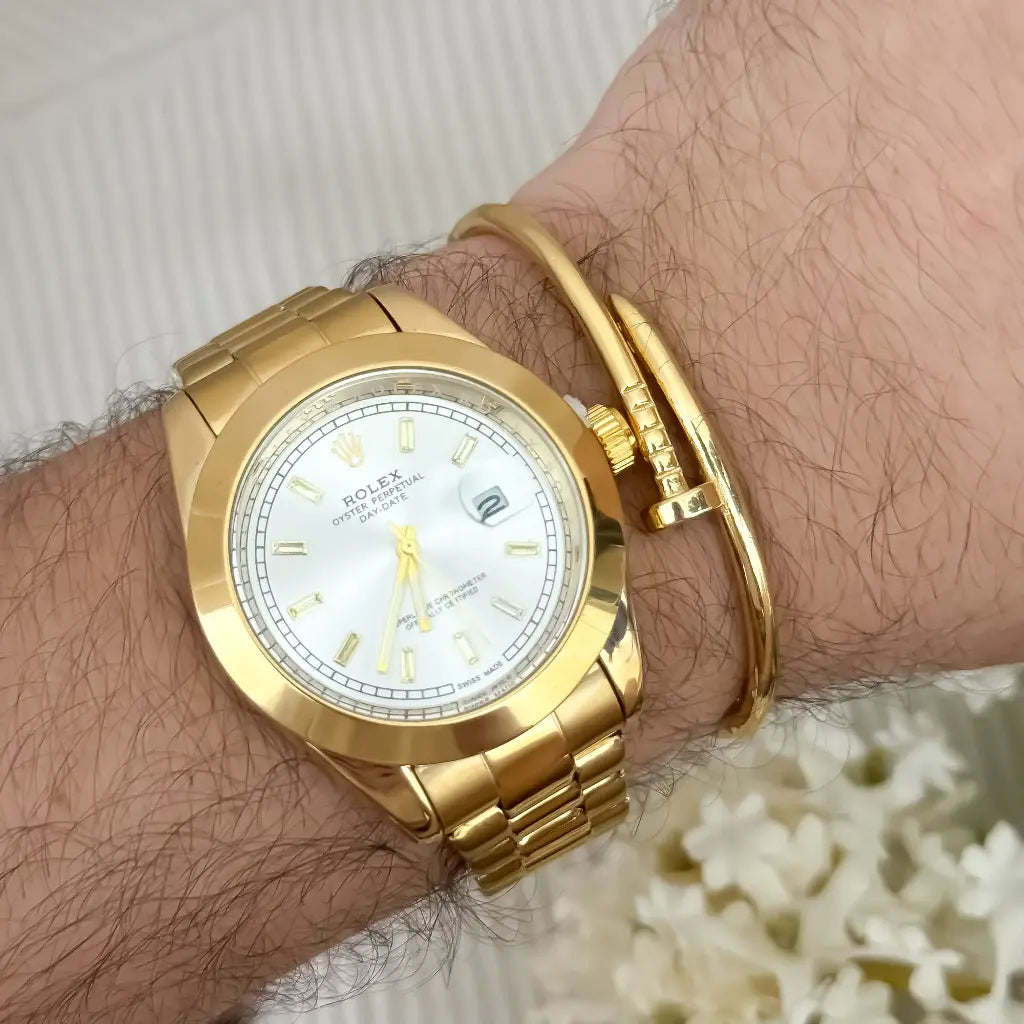 Pulsera Clavo en Oro Laminado 18k + Reloj Rolex Oro Amarillo con Garantia de por vida
