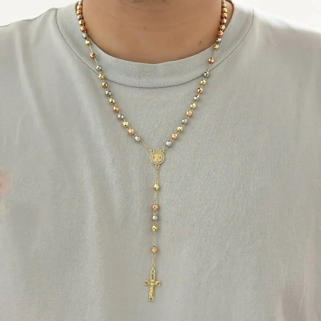 Camandula de Virgen Guadalupe de 3Oros Balin 6mm itlaiano en Oro Laminado 18k con Garantia de por vida