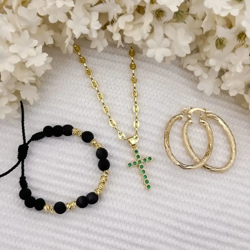 Cadena Tejido Gucci para Dama de 45cm de 3mm de Grosor + Cruz verde Esmeralda + Candongas Melcochas + Pulsera Balin Italiano de 4mm en Oro Laminado 18k con Garantia de por vida