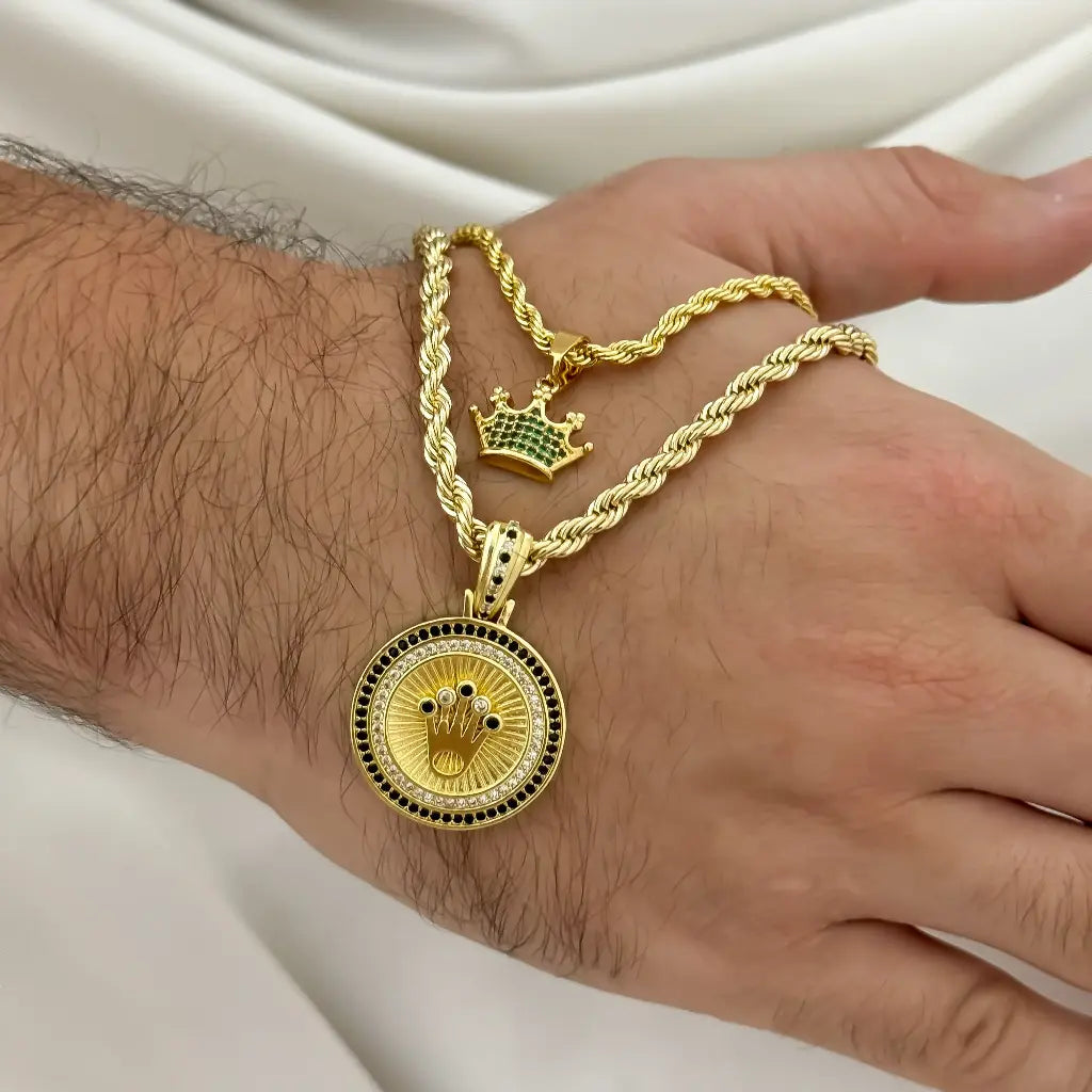 Conjunto de Cadenas Lazo para parejas Hombre 60cm + Dama de 45cm + Dije de Corona Rolex de Rey y Reina en Oro Laminado 18k con Garantia de por vida