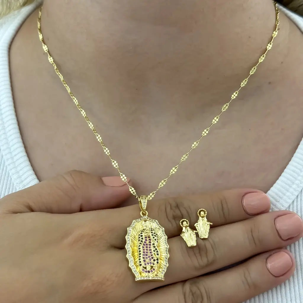 Juego para Dama Cadena virgen guadalupe Con circones + Topos en Oro laminado 18k