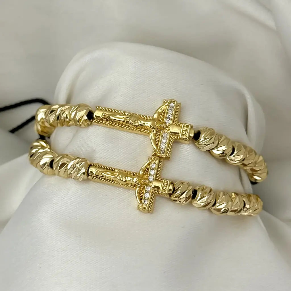 2 Pulseras Para Parejas Balin 6mm italiano mas Dije Cruz protección en Oro de 10k con Garantia