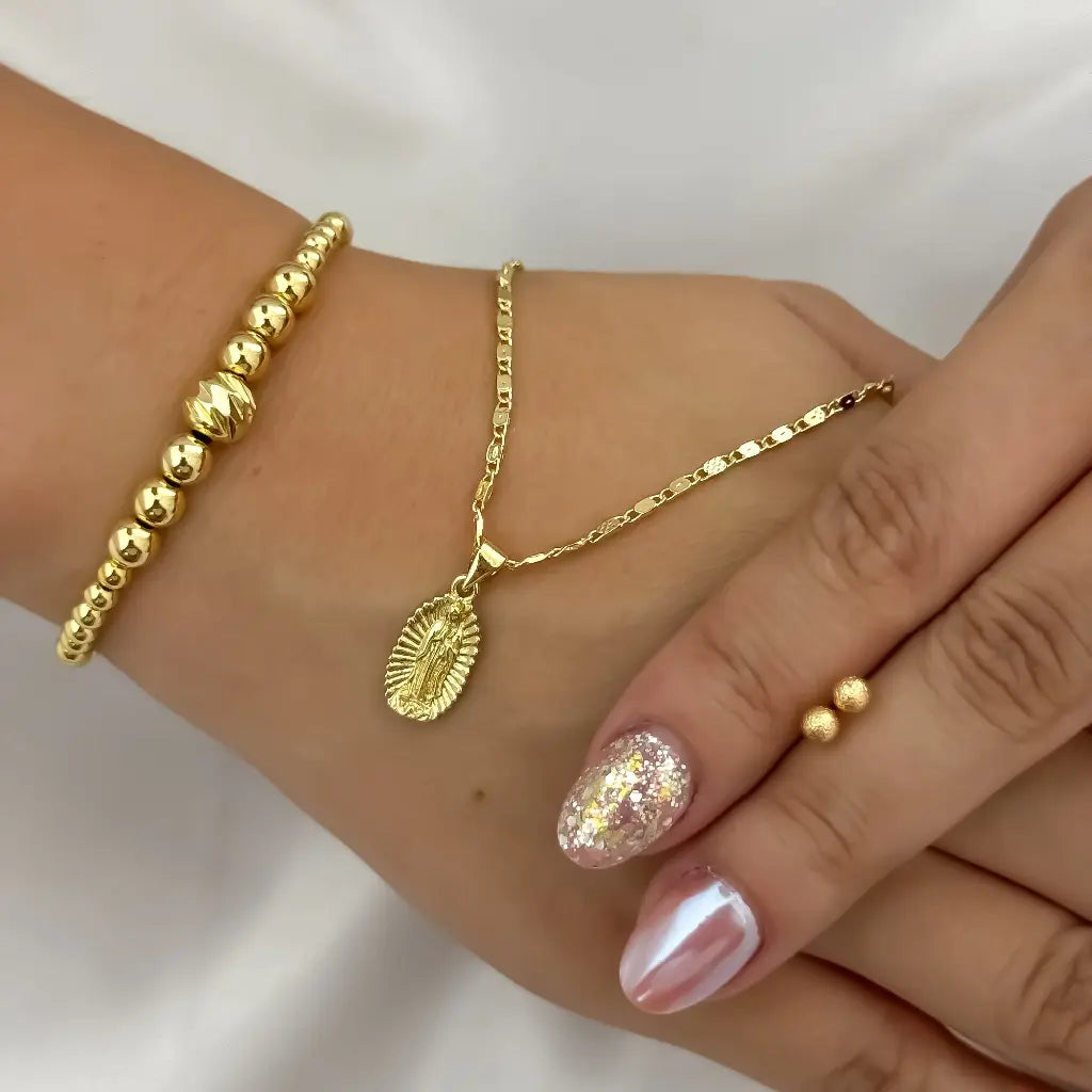 Conjunto Cadena Tejido Escalera Plana + Virgen Guadalupe + Topos Balin Diamantado + Pulseras Balin 4mm en Oro laminado 18k con Garantia de por vida