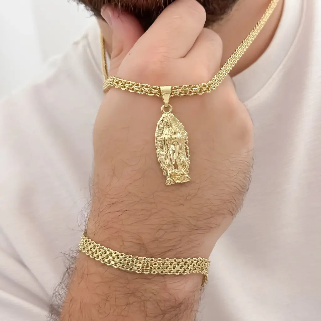 Juego de Hombre Cadena Tejido Chino de 60cm de 5mm de Grosor + Virgen Guadalupe Proteccion + Pulsera Tejido Chino 20cm de 5mm de Grosor en Oro Laminado 18k con garantia de por vida