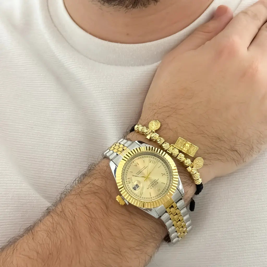 Pulsera Abundancia y Proteccion - Dolar en Oro Laminado 18k con Garantia de por vida + Reloj Rolex Replica 1.1 con Garantia de por vida