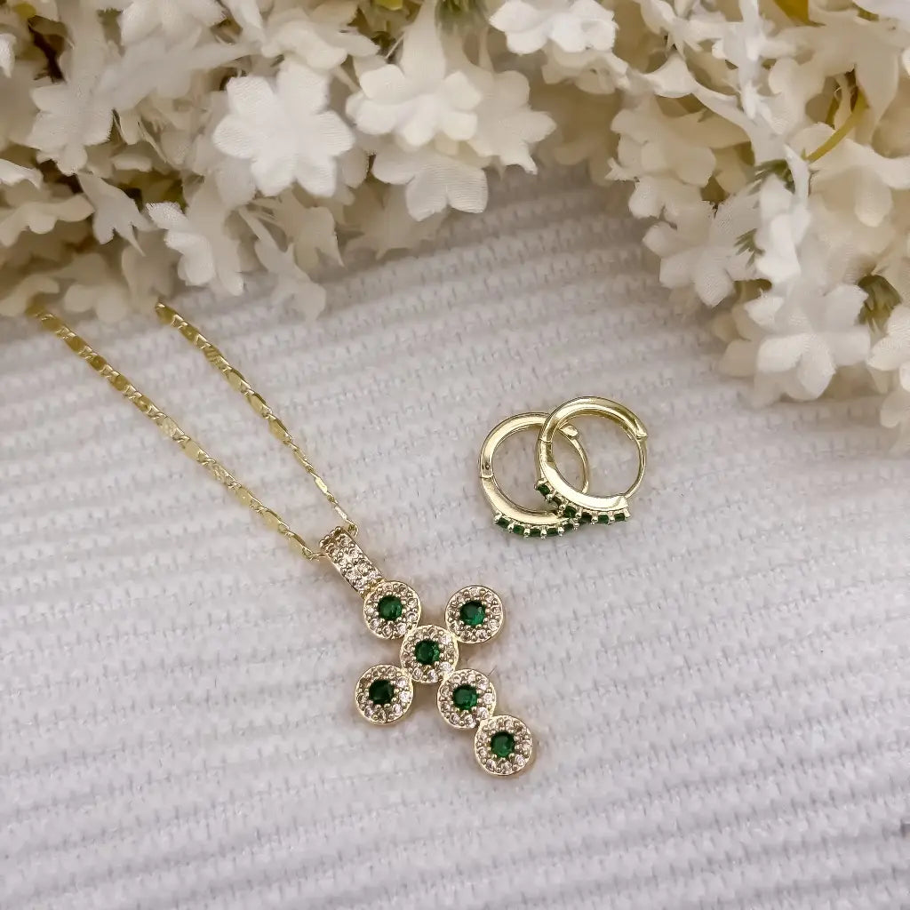 Cadena Tejido Escalera plana de 45cm + Cruz verde Esmeralda + Candongas Verde ESMERALDA en Oro Laminado 18k con garantia de por vida