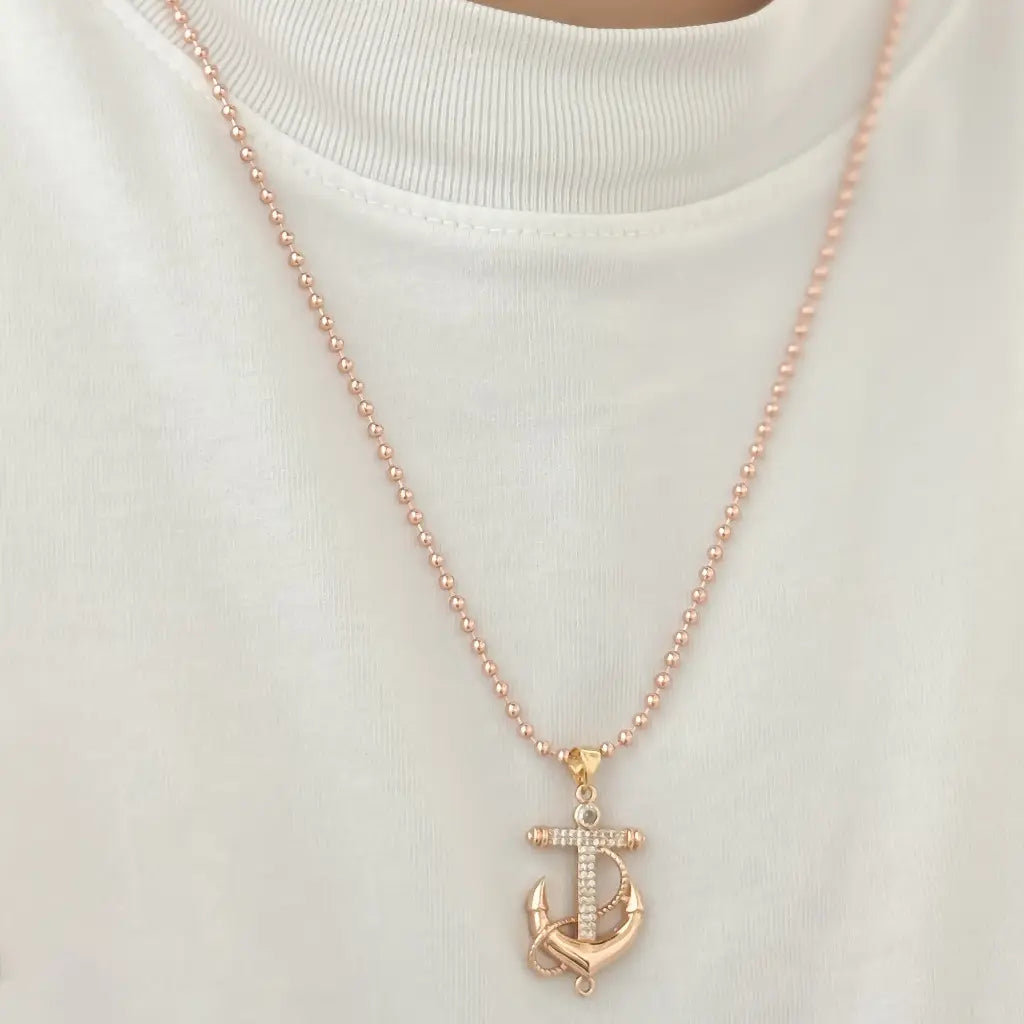 Cadena de Tejido Militar en Oro Rosado 60cm -3mm + Dije de Ancla en Oro Laminado de 18K con Garantia de por vida