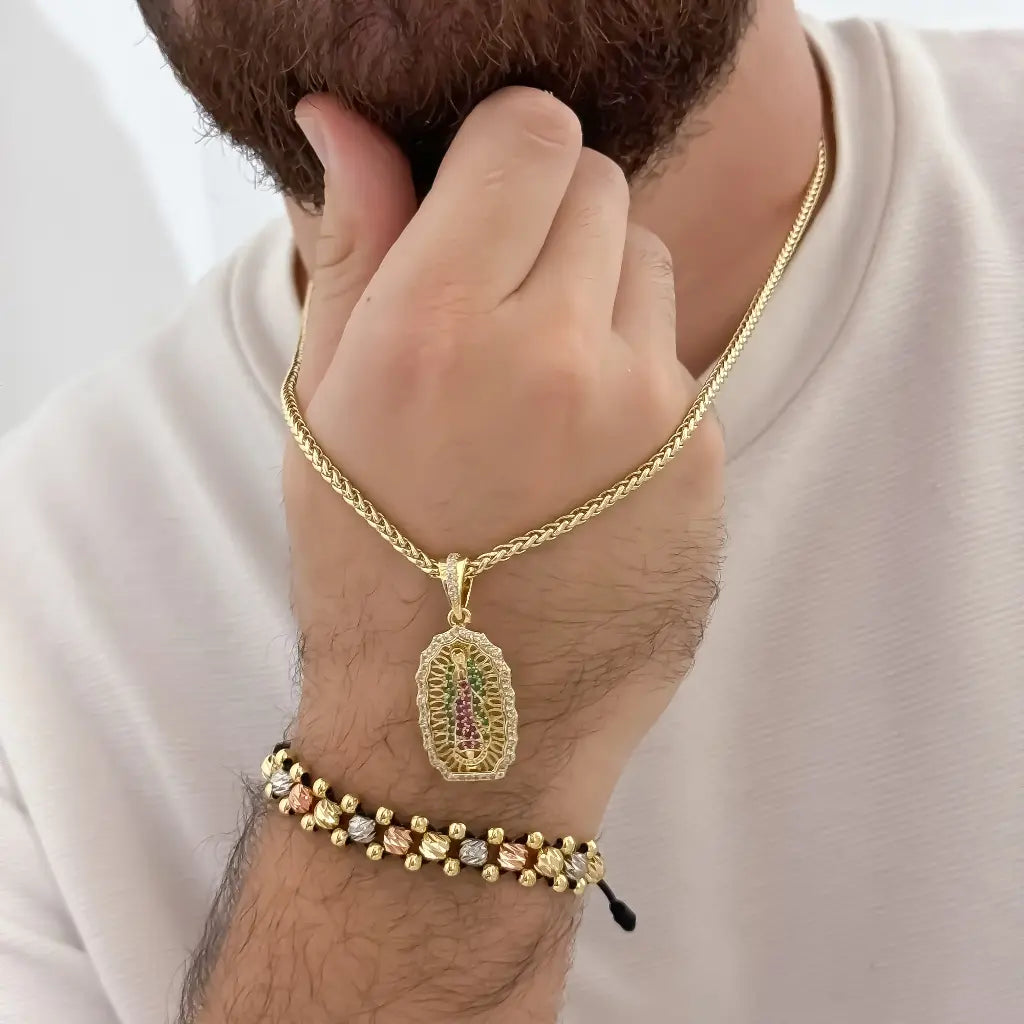 Cadena Lazo de 6ocm de 3mm de Grosor + Dije de Virgen de Guadalupe Proteccion + Pulsera de 3 Carriles en Oro Laminado 18k con Garantia de por vida