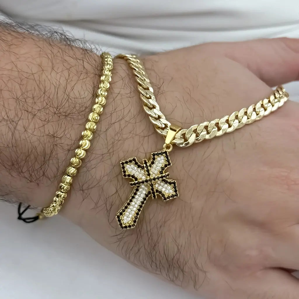 Cadena Cubana Gruesa de Hombre Diamantada de 60cm -5mm de Grosor + Cruz Trebol con micro circones Negros en Oro Laminado 18k con garantia de por vida