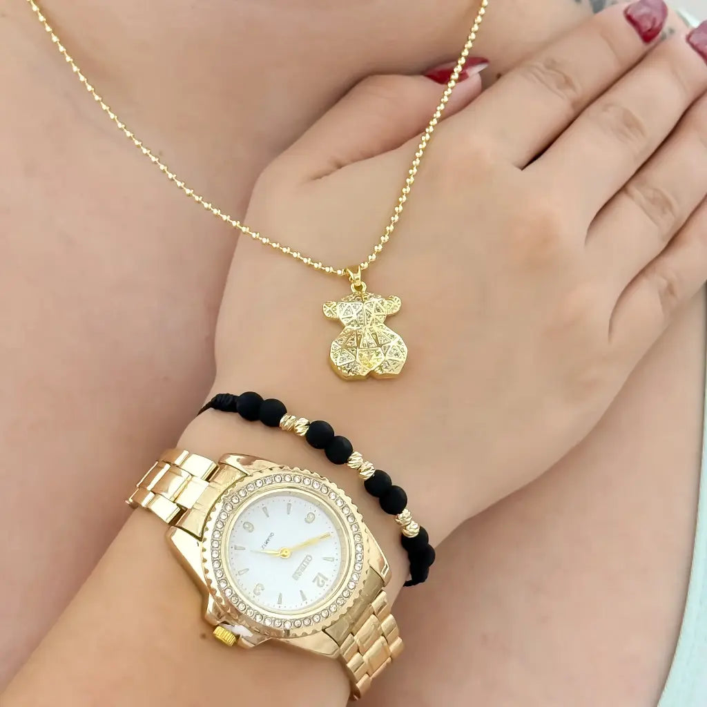 Conjunto para Dama Cadena Tejido Militar + Oso Circones + Pulseras Balin Italiano 4mm en Baño de Oro Laminado 18k + Reloj Guess con Circones con Garantia de por vida