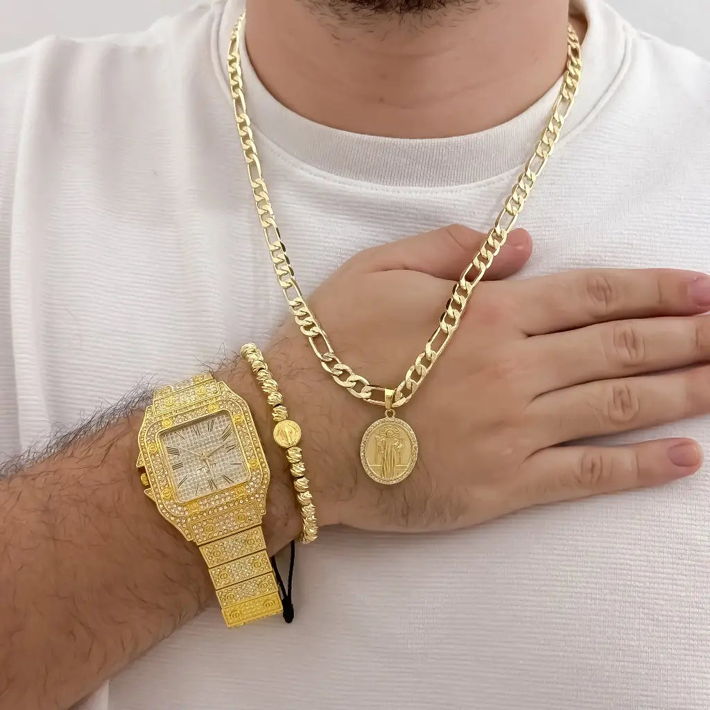 Conjunto de cadena Tejido Catier de Hombre Gruesa de 60cm de 5mm de Grosor + Dije de San Benito Proteccion + pulsera Balin italiano de 5mm San Benito + Reloj de Alta gama Tipo Catier en oro laminado 18k con garantia de por vida