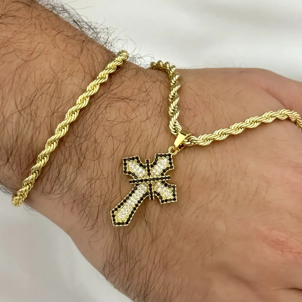 Conjunto Lazo de Cadena de Hombre Gruesa de 60cm + Cruz Micro Circones Negro + Pulsera de 20cm gruesa en Oro Laminado 18k con Garantia de por vida