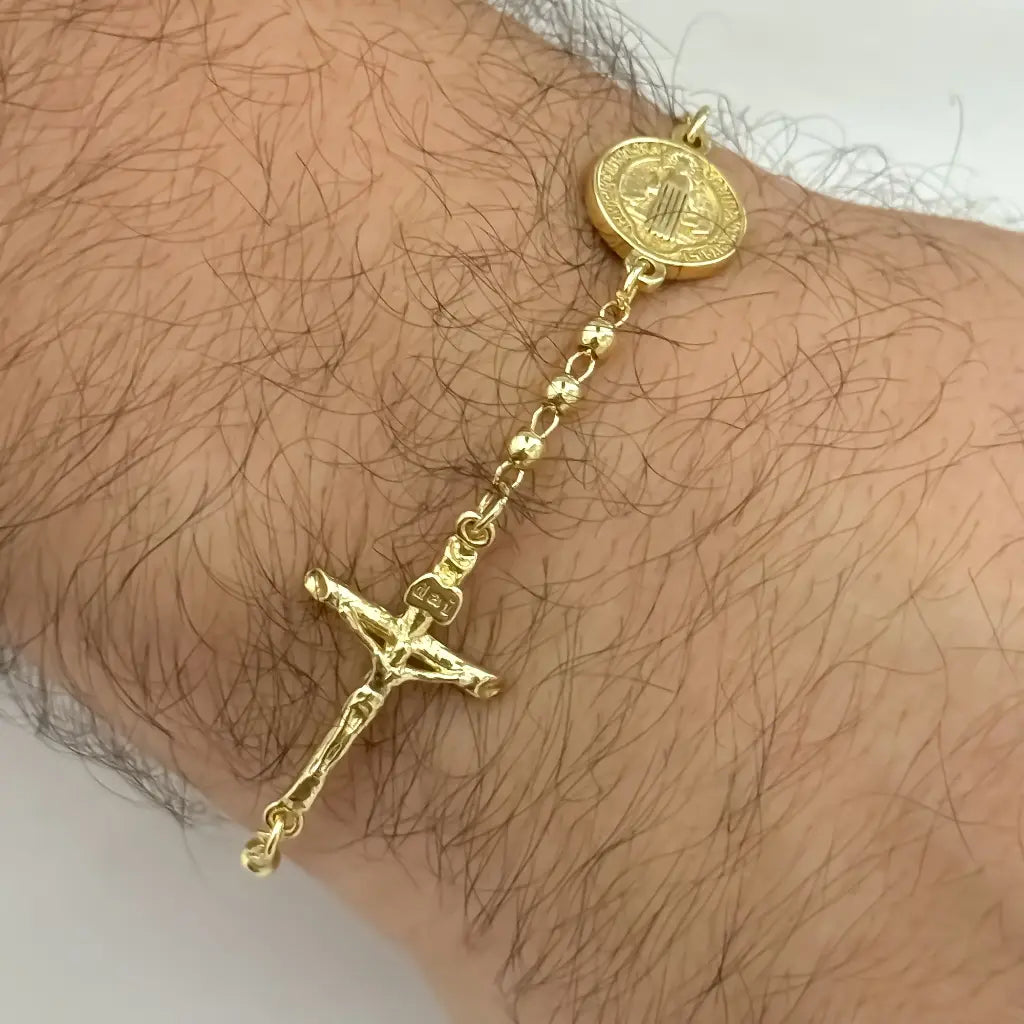 Pulsera Doble Protección San Benito + Cruz Cristo en Balin 6mm en Oro Laminado 18k con Garantia de por vida